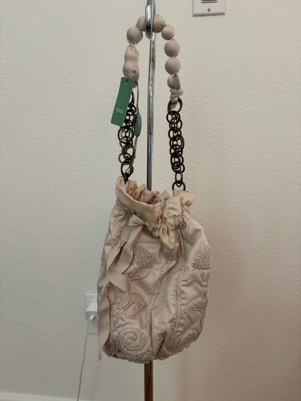 Beige Embroidered Drawstring Mini Bag with Chain & Bead Strap